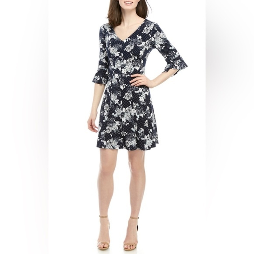 Connected Apparel navy with hints of aqua polka dot floral dress size 12